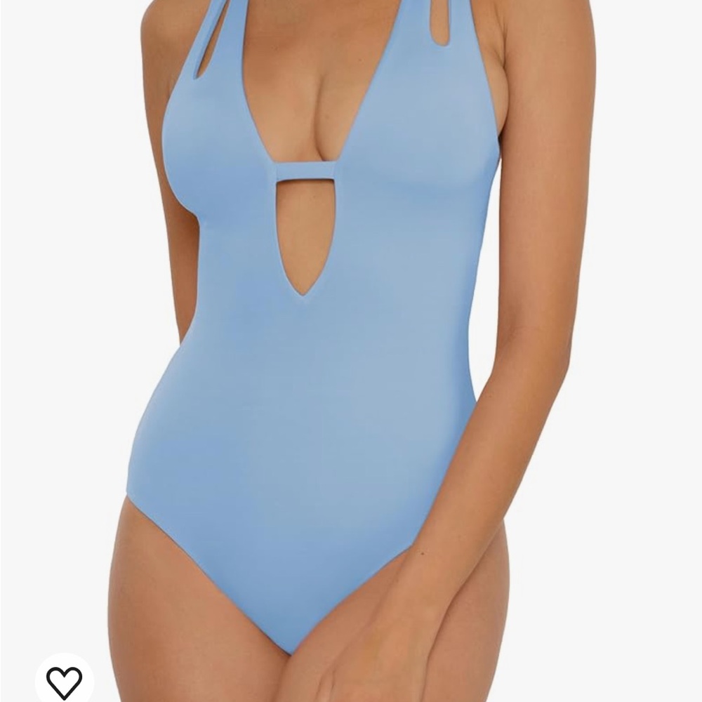 Color Code Plunge One-Piece Swimsuit by BECCA in baby blue. Size large.
